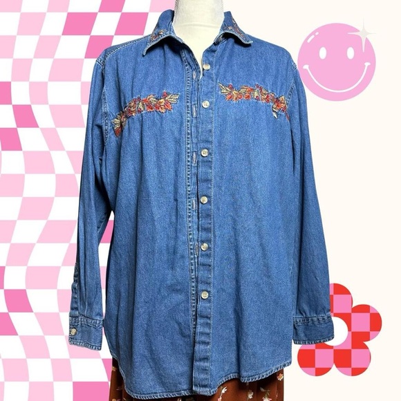 Faded Glory Tops - Vintage Embroidery Blue Denim Shirt Long Sleeve / Cotton